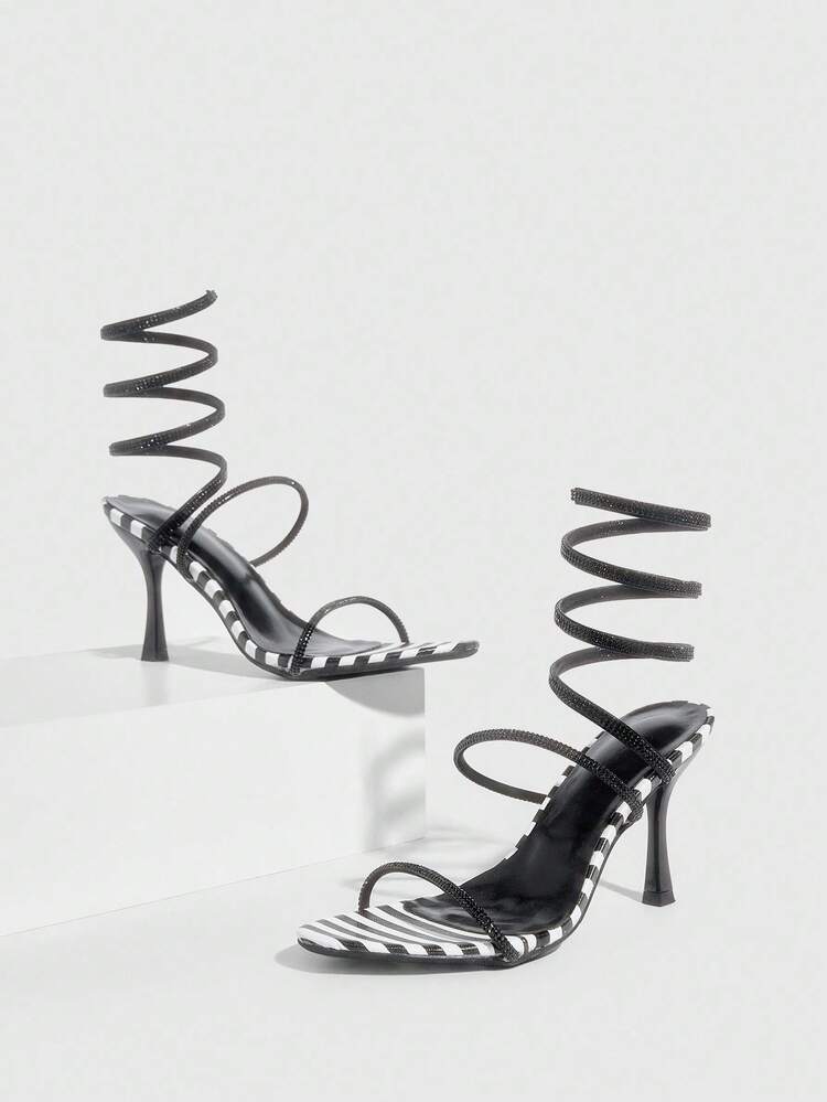 CUCCOO SZL Women's New Sexy Striped Snake Wrap Rhinestone Embellished High Heel Shoes, Stiletto Heels Sandals For Evening Party, Date