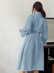 DAZY 浪漫荷叶边长款裹身睡袍，舒适保暖 - 藍色 - 查看 2