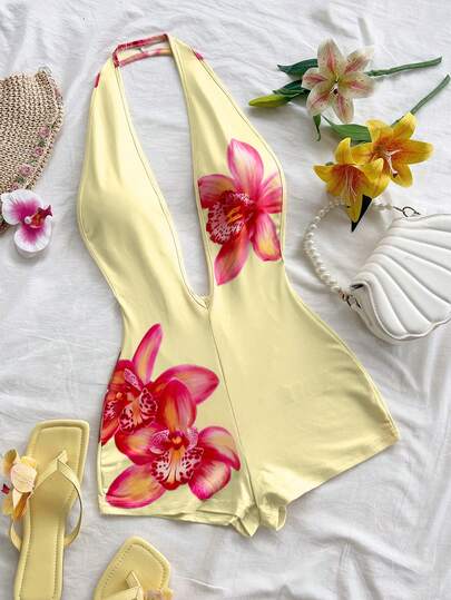 Soleia Women's Vacation White Knit Textured Wavy Pattern Deep V Neck Backless Sexy Bodysuit, Fashionable Fitted For Party, Date, Afternoon Tea, Boho Vacation, Beach, Summer Outfit, Yellow Bathing Suit Women,Beach For Women,Going Out