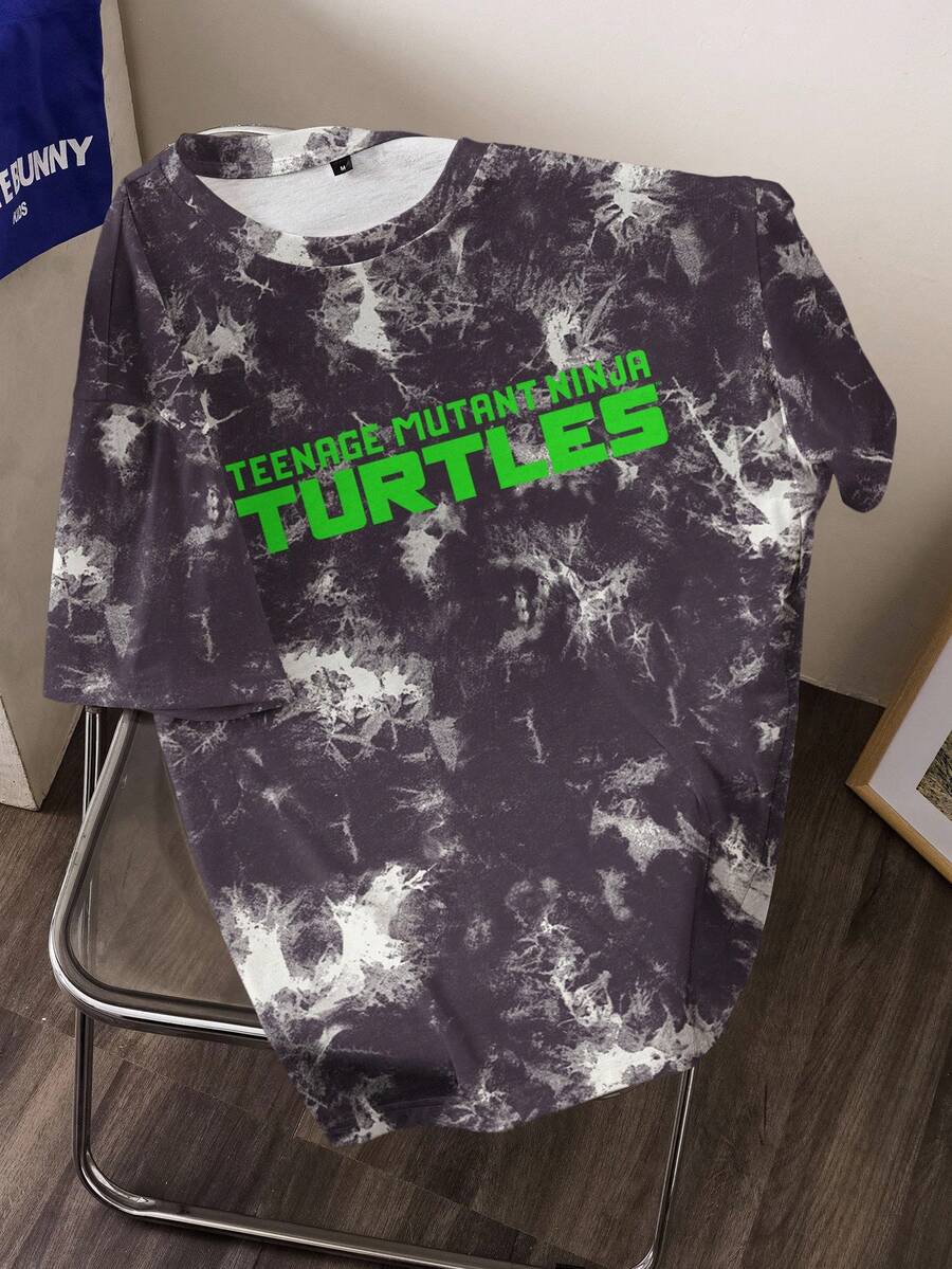 TEENAGE MUTANT NINJA TURTLES | SHEIN Men's Casual Tie-Dye Letter Graphic Round Neck Short Sleeve T-Shirt, Summer - White - View 1