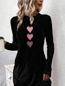 SHEIN LUNE Đầm dài tay ôm sát người họa tiết trái tim, kiểu dáng thường ngày, thích hợp cho mùa thu/đông dạo phố, phong cách thường ngày. - màu đen - Xem 5