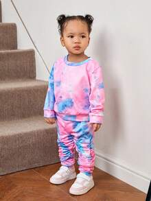 SHEIN Babygirl 可爱扎染图案连帽夹克套装，秋冬保暖内衬 - 彩色 - 查看 3