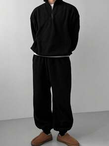 DAZY Men's Solid Black Sherpa Fleece Pullover Sweatshirt & Sweatpants Set, Adjustable Hem Design, Autumn/Winter
