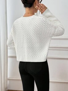 SHEIN LUNE 纹理针织圆领宽松女式毛衣，秋冬 - 杏色 - 查看 2