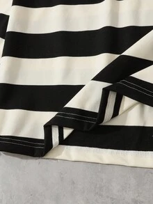 ROMWE MEN Men Letter Prep Striped Long Sleeve Casual Loose Polo Collar Sweatshirt, Fall - Black and White - View 6