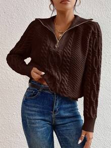 EMERY ROSE Women's Autumn/Winter Cable Pattern Zip-Up Crew Neck Casual Sweater - Chocolate Brown - View 5