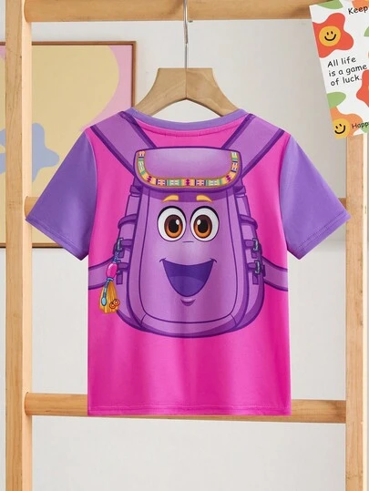 DORA | SHEIN Young Girl Cartoon Graphic Round Neck Loose Casual Short Sleeve Knit T-Shirt
