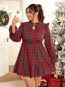 Lounesse Vestido de manga larga con estampado geométrico y vuelo en la cintura para mujer de talla grande - Rojo - Ver 4