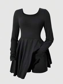 女童休闲优雅露肩长袖连体裤，四季皆宜 - 黑色 - 查看 3