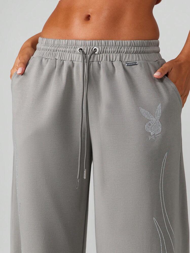 Missguided x Playboy Wide Leg Sweatpants With Crystal Embellished Logo Flames Design Loungewear Casual Drawstring Waist Pants Fall Winter Bottoms