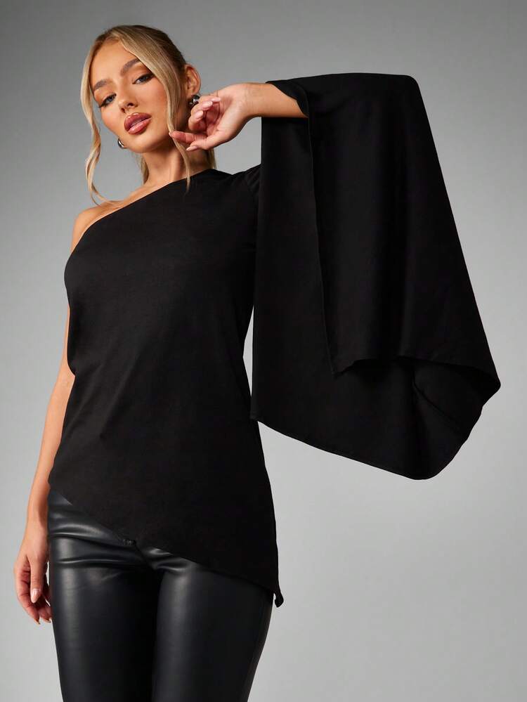 MISSGUIDED One Shoulder Asymmetrical Top With Dramatic Bell Sleeve Evening Occasion Holiday Party Elegant Design Fall Winter Collection Statement Blouse