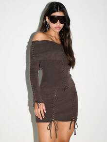 KIZN Lace Up Ribbed Knit Mini Skirt Off Shoulder Bodycon Long Sleeve Winter Evening Party Club Dress Chocolate Brown Whipstitch Detail - Coffee Brown - View 3