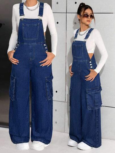 SHEIN 少女 Y2K 休闲水洗蓝色牛仔背带裤，女孩秋冬装，街头酷炫牛仔装