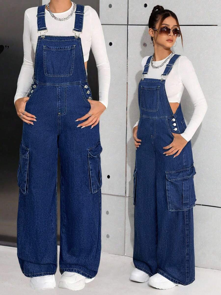 SHEIN 少女 Y2K 休闲水洗蓝色牛仔背带裤，女孩秋冬装，街头酷炫牛仔装 - 深色水洗藍 - 查看 1