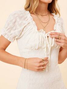 Coeurva 前繫帶褶邊前打結胸部褶皺泡泡袖洋裝 - 白色 - 查看 2