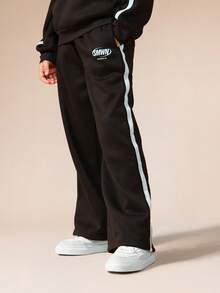 SUMWON Studios 23 Two Piece Co-Ord Hooded Sweatshirt Set With Wide Leg Pants Teen Boys Casual Wear Fall Winter Matching Outfit With Light Blue Stripes - Black - View 4