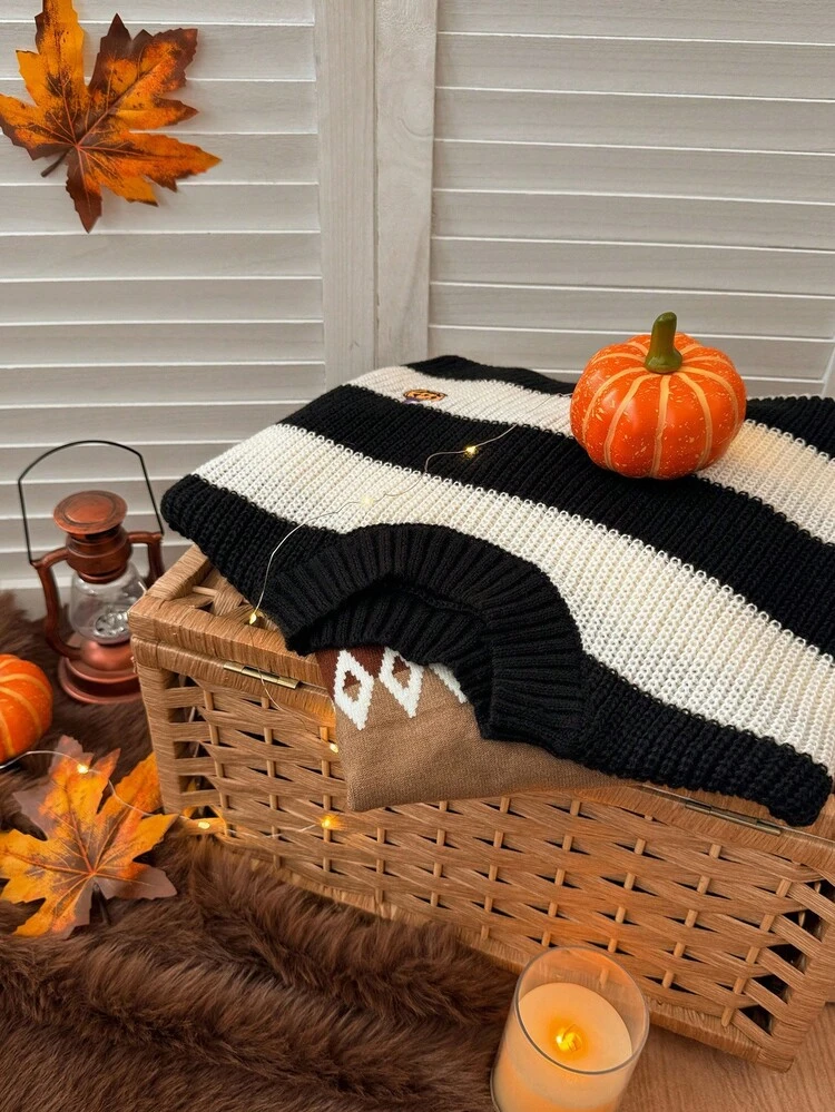 Tween Girl Colorblock Striped Pumpkin Embroidery Sweater