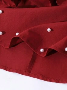 SHEIN 少女时尚优雅T恤套装，白色针织上衣搭配黑色梭织蛋糕裙，上衣饰有黑色蝴蝶结，裙子饰有珍珠。 - 黑色 - 查看 5