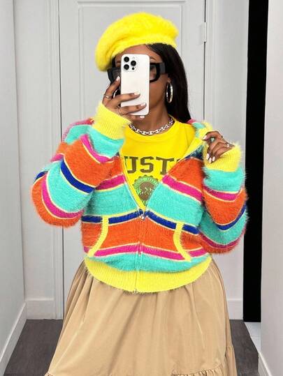 Slaydiva 2025 New PreppyStyle Autumn And Winter Casual Long-Sleeved Colorful Striped Off-Shoulder Loose Imitation Mink Fur Hooded Coat Women's Sweater Cardigan-P