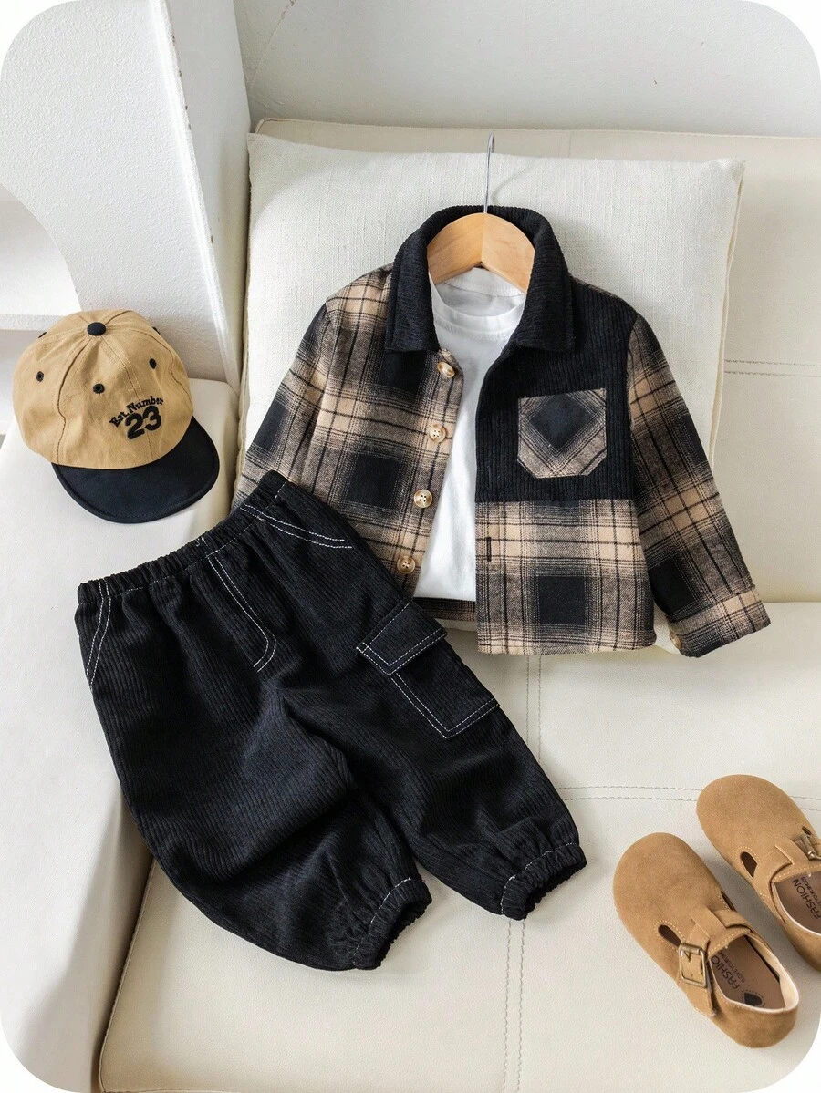 SHEIN 两件套男/女婴撞色格子衬衫外套搭配黑色灯芯绒运动裤套装，舒适百搭的休闲基础款秋冬服装，适合室内、室外、日常穿着、运动、玩耍、聚会、拍照等场合。适合18-24个月男婴。男婴格子套装，男婴外套套装，男婴晚秋服装。 - 黑色 - 查看 1