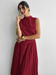 Firerie 女士优雅荷叶边无袖A字连衣裙/伞裙/返校季/校园装/派对/老钱风/外出装/派对装/办公室装/仿杏色连衣裙 - 紅色 - 查看 4