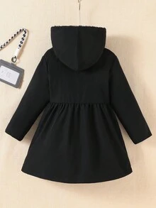 SHEIN Explorewe 1 件年轻女孩卡其色保暖内衬连帽双排扣时尚夹克，适合 2025 年开学季，年轻女孩学院风和校园运动装 - 黑色 - 查看 2