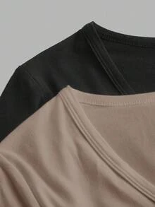 SHEIN EZwear 2 piezas Conjunto de camisetas de manga larga de corte slim con cuello en V profundo para mujer, color negro y caqui, adecuado para otoño/invierno - Multicolor - Ver 5