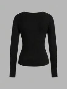 SHEIN EZwear 2 piezas Conjunto de camisetas de manga larga de corte slim con cuello en V profundo para mujer, color negro y caqui, adecuado para otoño/invierno - Multicolor - Ver 9