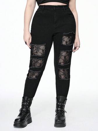 Goth جينز نحيف مطاطي مرن بتصميم شبكة عنكبوت مفرغ مغسول باللون الأسود الرجعي