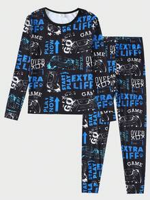 2 件套男童游戏机印花针织弹力圆领长袖上衣和裤子柔软舒适睡衣套装 - 彩色 - 查看 3