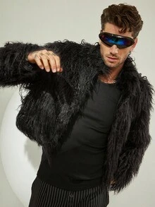 FeverCity Áo khoác lông giả màu trơn cho nam, thời trang cho mùa thu/đông - màu đen - Xem 4