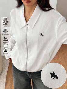 SHEIN PETITE Chaqueta regular de mujer tejida en blanco con patrón bordado en el pecho, versión OVERSIZE para salidas casuales