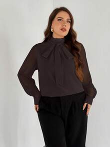 SHEIN Privé Plus Size Elegant Bow Tie Cuff Long Sleeve Brown Blouse, Basic Workwear Top, Suitable For Office Wear, Spring/Autumn Brown Blouse For Women
