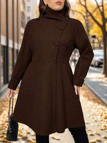 SHEIN Privé Damen Mode Runway Asymmetrischer A-Linien Wollmantel in Dunkelgrau, geeignet für minimalistische Ausflüge und elegante Dates im Winter - Braun - Übersicht 5