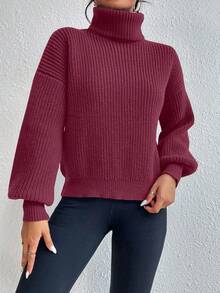 Celisse Áo len tay loe cổ lọ màu trơn thường ngày, thu/đông - Bold Plum - Xem 3