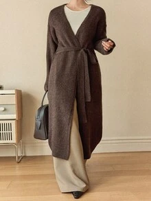 Dazy-Less Áo khoác cardigan dài dáng rộng, đơn giản, màu trơn, vai rớt, có thắt lưng dành cho nữ, thích hợp mặc hàng ngày đi làm, mùa thu/đông, phong cách công sở. - màu nâu - Xem 7