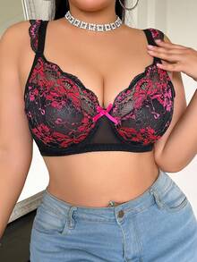 SHEIN Sutien cu armătură sexy din dantelă pentru femei, mărime plus, cu ridicare - Roz fierbinte - Vizualizare 5