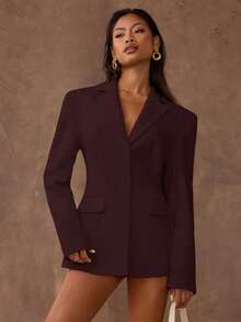 SHEIN BAE 女式纯色前扣修身优雅长袖西装外套 - 酒紅色 - 查看 4