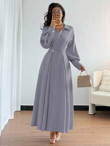 Rafferiza 女式翻领落肩长袖收腰 A 字裙，适合外出、度假、节假日和旅行 - 灰色 - 查看 3