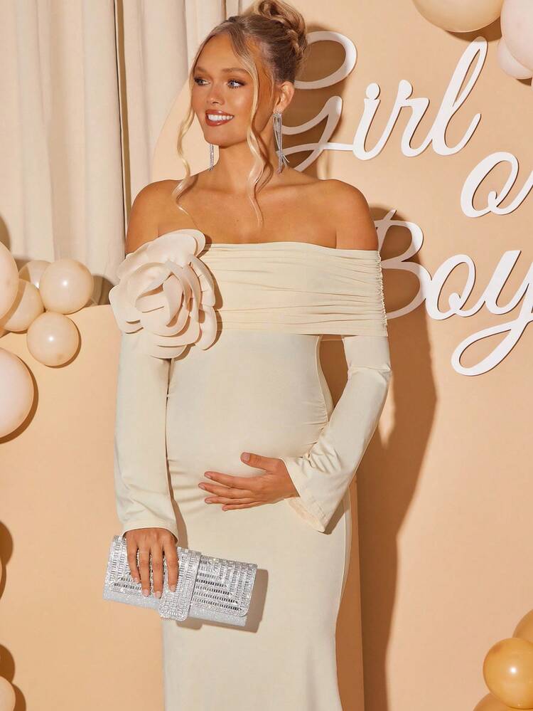 Loomaby Vestido de manga larga con hombros descubiertos, decoración floral 3D y unicolor para mujeres embarazadas - Albaricoque - Añade 7