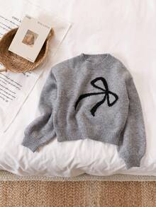 Genkimix Kids Tween Girls' Casual And Cute Bow Pattern Knitted Sweater, Can Be Paired With Various Pants Or Layered, Suitable For Autumn And Winter Seasons - Grey - View 3