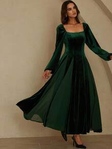 SHEIN LUNE Autumn English Style Korean Fleece & Pearl Chiffon Hem Splice Oversized Swing Long Sleeve Dress - Multicolor - View 4