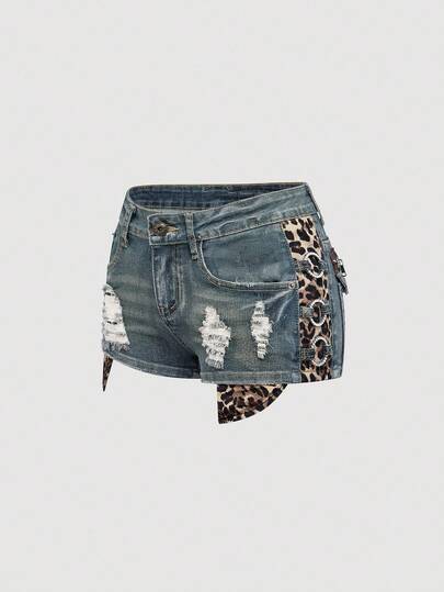 J-Fashion Y2K Gyaru Vintage Super Low Waist Leopard Print Skinny Super Low Rise Women Denim Shorts