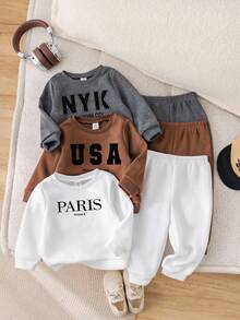 SHEIN 6 件套男婴休闲运动服，可爱针织羊毛字母印花长袖运动衫和松紧腰长裤，基本款连帽运动服套装，秋冬 - 彩色 - 查看 5