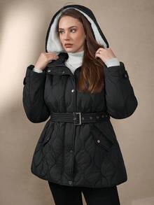 SHEIN Clasi 大码女士优雅保暖连帽冬装外套 - 黑色 - 查看 5