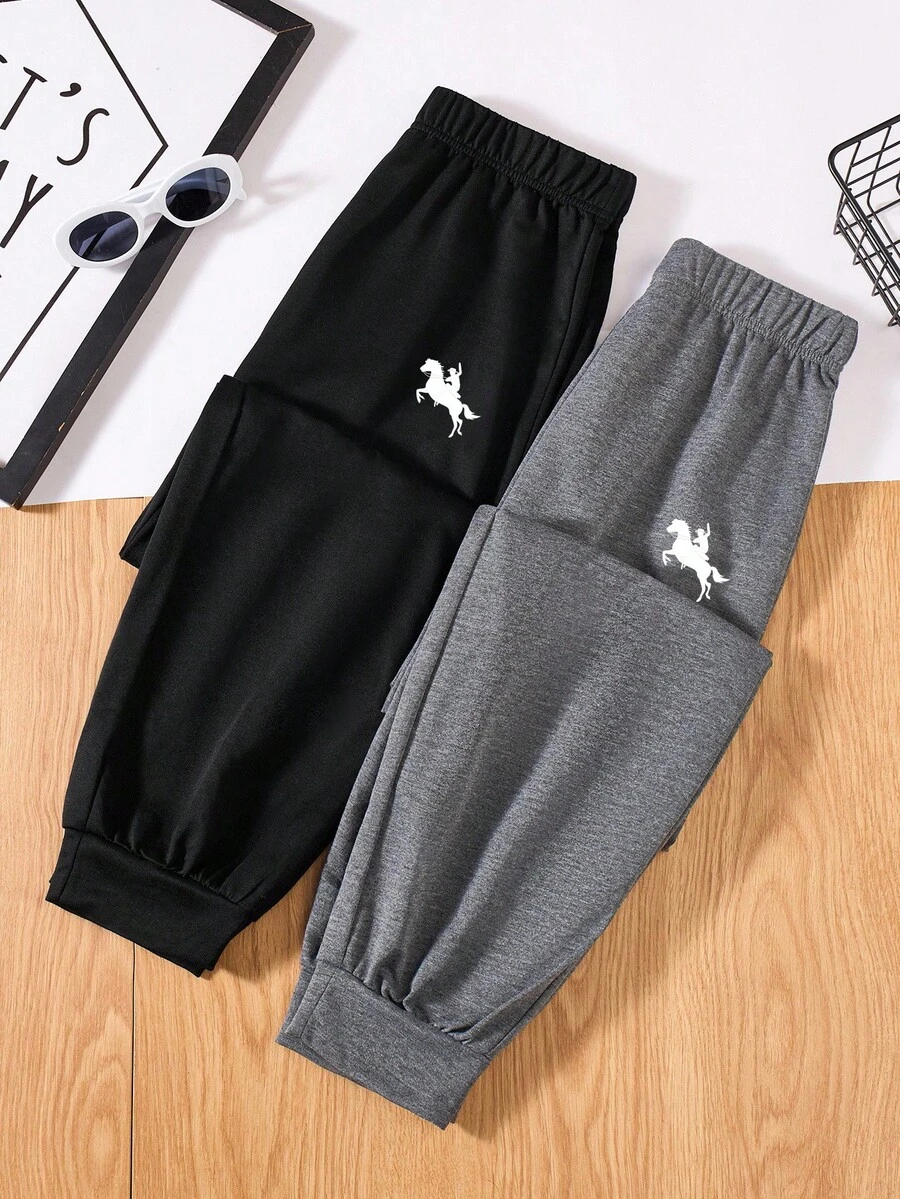 SHEIN 2 件套青少年男孩休闲纯色补丁抽绳针织裤，2 种颜色，春夏 - 彩色 - 查看 1