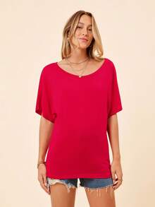 Coeurva 女士夏季純色不對稱領半翼袖休閒T恤 - 紅色 - 查看 4