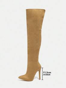 Daringsoles Bốt cao đến đùi, mũi nhọn, chất liệu da lộn màu kaki dành cho nữ, khóa kéo bên hông, kiểu dáng gợi cảm - Màu Khaki - Xem 2