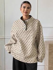 Livesso Women's Autumn Sherpa Allover Print Button Half Placket Casual Loose Sweatshirt