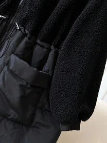 SHEIN CURVE+ Chaqueta con capucha con cremallera, forro y bolsillos, de algodón acolchado y de estilo patchwork para mujer de talla grande, para otoño/invierno - Negro - Ver 4